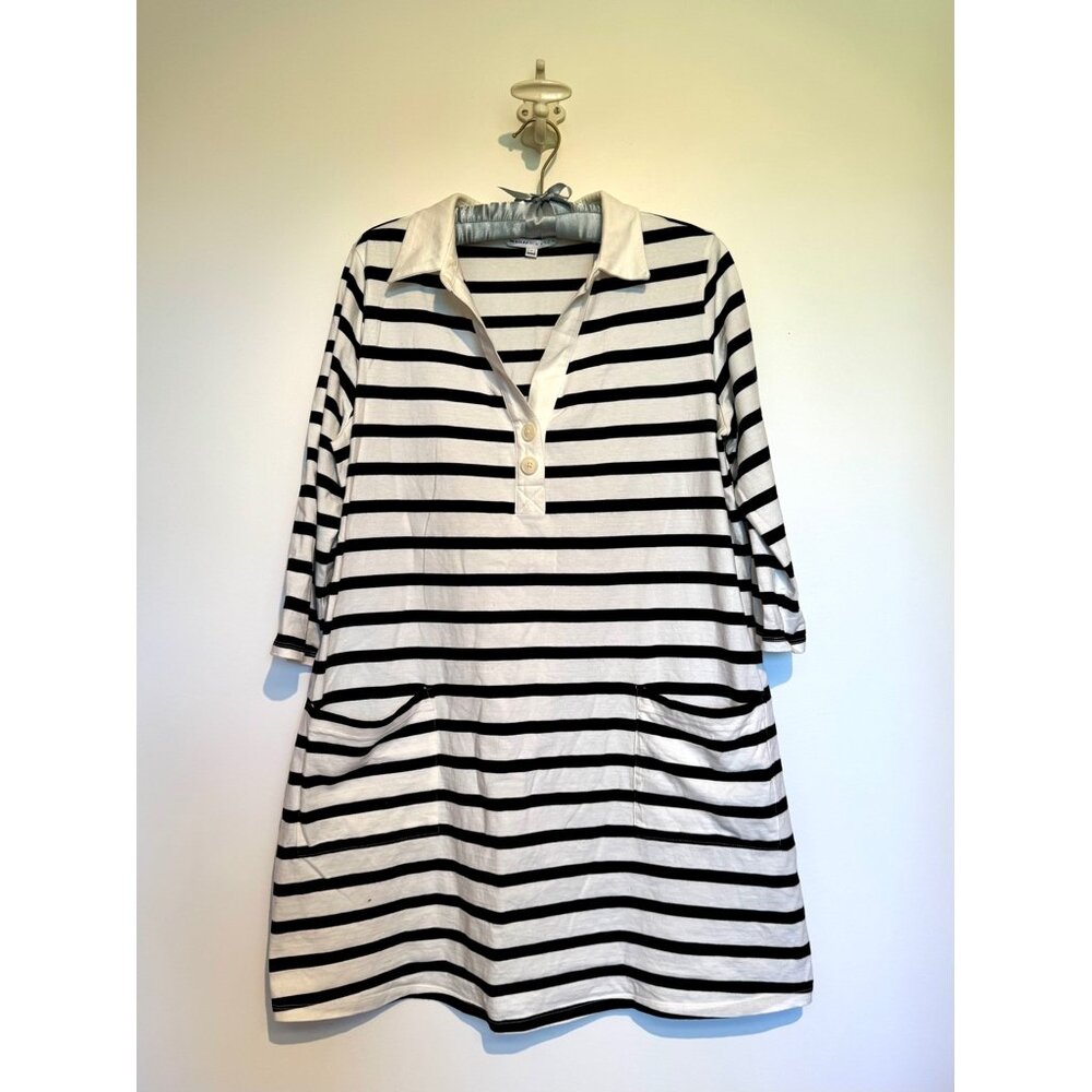 The Nines by Hatch 3/4 Sleeve Boat Neck Black White Stripe Shift/Tunic/Dress XL